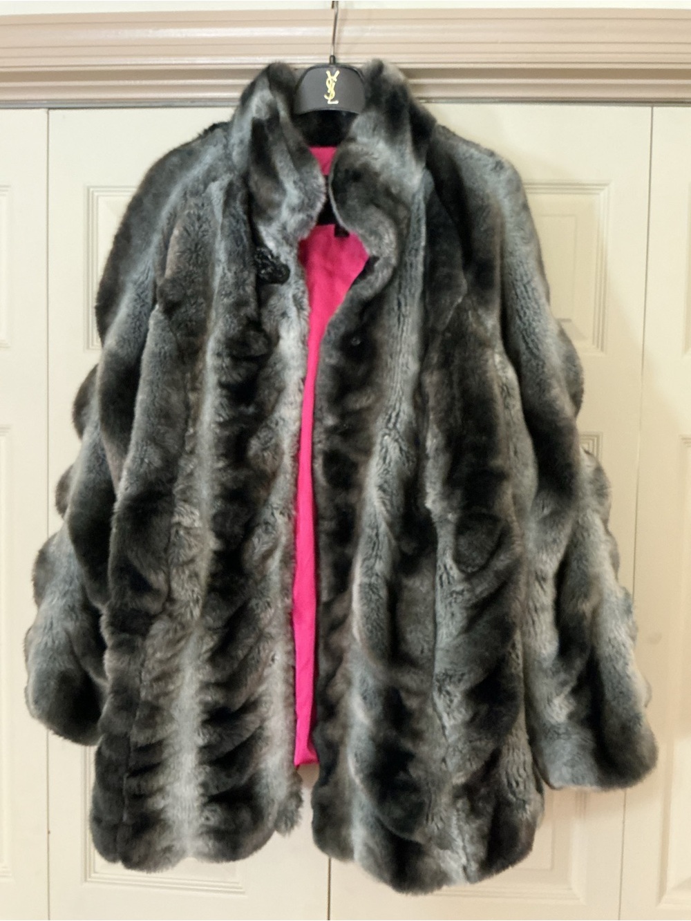 Vintage Betsey Johnson Gray Faux Fur Coat with HOT Pink Lining